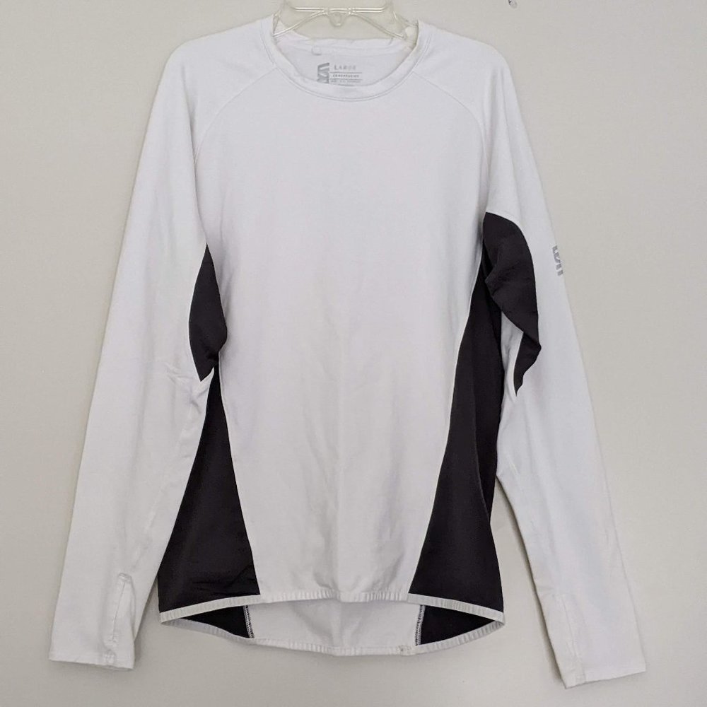 White Grey Long-Sleeve Athletic Compression Shirt, Men's Large
